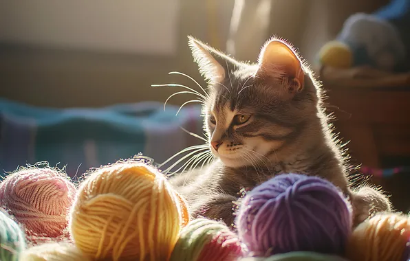 Cat, look, light, pose, kitty, grey, room, lies