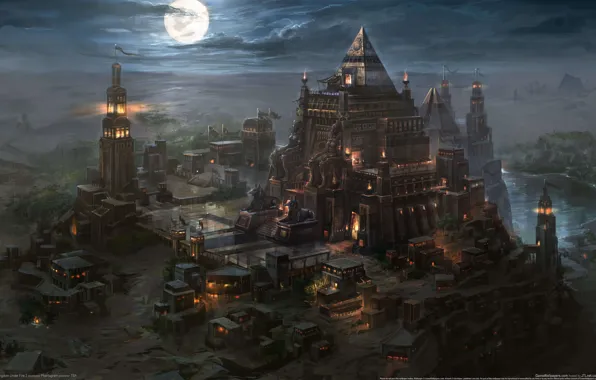 Night, the city, the moon, desert, lighthouse, art, pyramid, the mausoleum