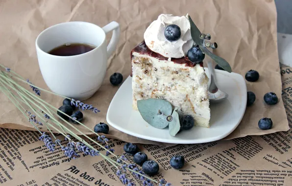 Picture coffee, newspaper, cake, lavender, blueberries