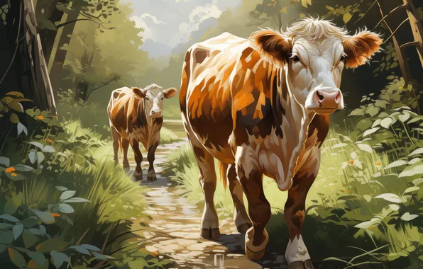 Road, Grass, Trees, Two, Cows, Digital art, AI art, The Art of Artificial Intelligence