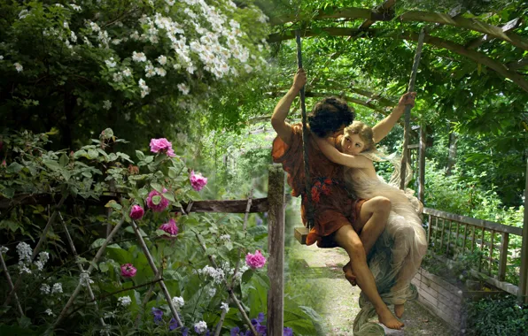 Greens, summer, girl, trees, love, branches, rendering, swing
