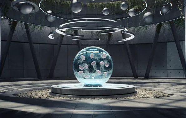 Pebbles, balls, aquarium, construction, the room
