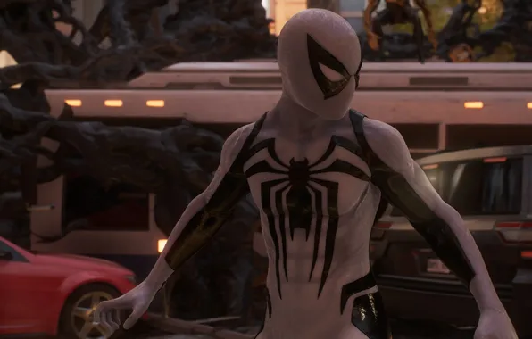 Picture symbiote, new powers, white suit, Marvel Spider Man 2, anti-venom