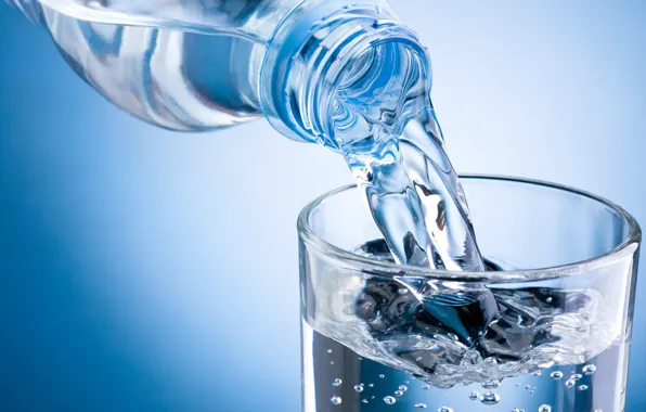 Water, mineral, commercial bottle, glass of water