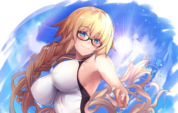 Girl, sexy, wet, cleavage, sky, long hair, boobs, anime