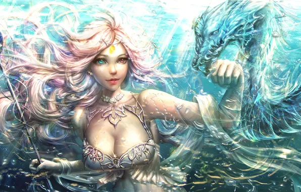 Chest, look, water, girl, dragon, snakes, MAG, staff