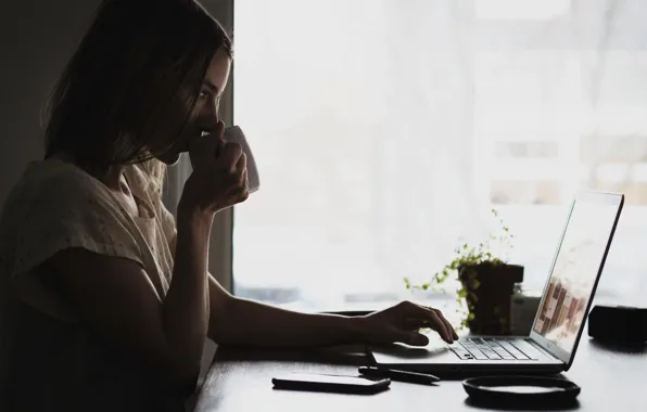 Picture girl, coffee, window, laptop