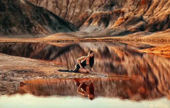 Girl, pose, lake, reflection, river, dress, Dmitry Arhar, Dmitry Arhar