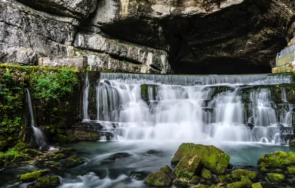 Picture stones, rocks, France, waterfall, moss, Saut du Doubs