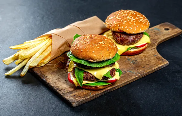 Picture French fries, burgers, cutting Board