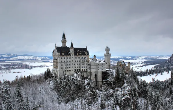 Winter, forest, the sky, snow, mountains, castle, overcast, rocks