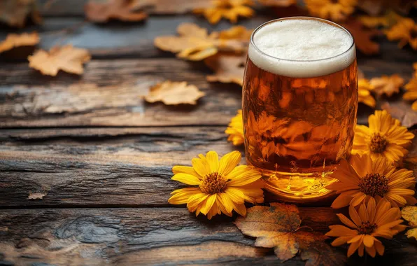 Autumn, glass, foam, leaves, flowers, Board, beer, mug