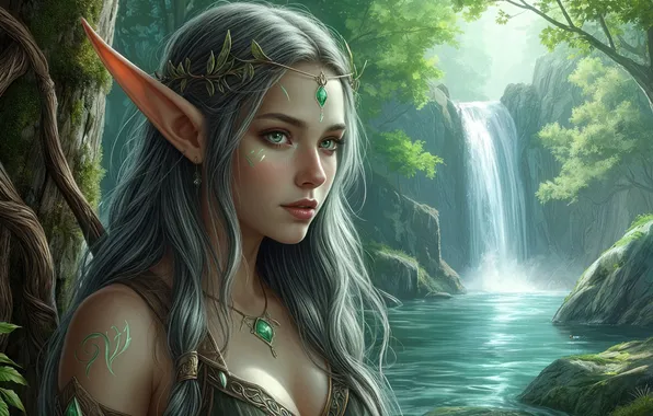 Chest, girl, stones, waterfall, portrait, fantasy, elf, ears