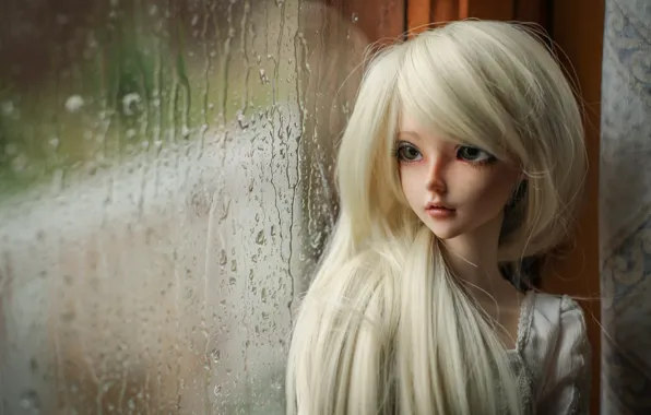 Rain, doll, window, blonde