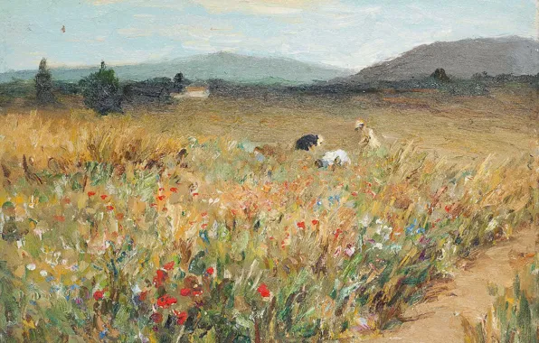 Landscape, mountains, picture, Marseille Dif, Figures among the flowers in Provence