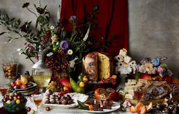 Wine, glass, bouquet, candy, grapes, pear, still life, cake