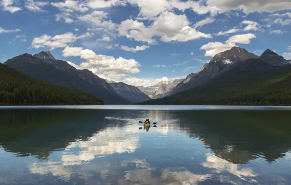Forest, clouds, trees, mountains, lake, boat, people, hat