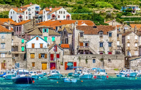 Sea, Marina, home, boats, promenade, Croatia, the island of Vis, mediterranean architecture