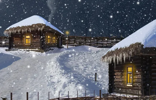 Snow, Village, Snow, Winter evening, Village, Winter evening