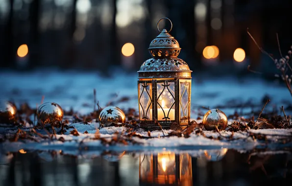 Winter, snow, night, Christmas, lantern, New year, Christmas, night