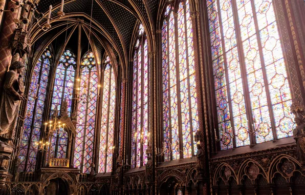 Gothic, candles, Cathedral, stained glass, paris, france, chandeliers, Sainte Chapelle