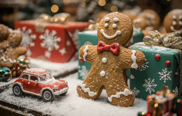Winter, snow, snowflakes, lights, toy, toys, cookies, Christmas