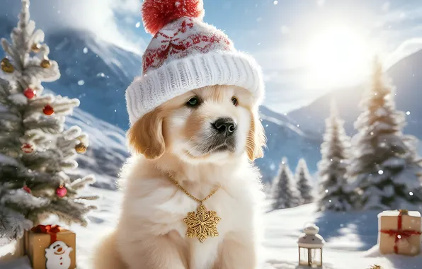 Winter, white, the sun, clouds, snow, mountains, dog, Christmas