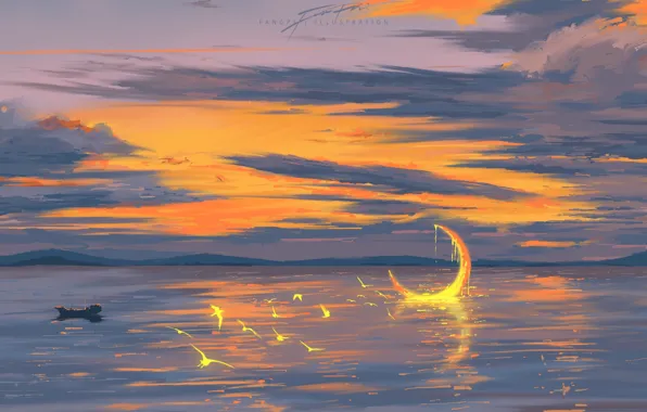 The sky, water, birds, fantasy, Crescent, Karauli
