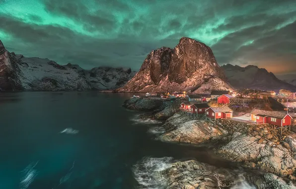 Mountains, shore, Norway, houses, pond, Lofoten