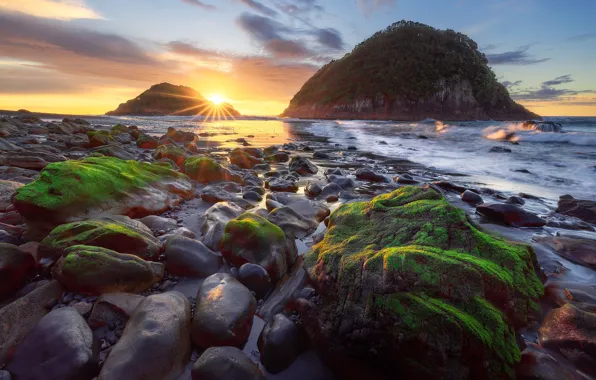 Sea, the sun, clouds, rays, sunset, stones, rocks, dawn