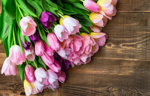 Flowers, bouquet, tulips, pink, wood, pink, flowers, tulips