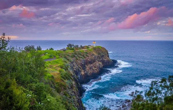 The sky, clouds, the ocean, coast, lighthouse, Hawaii, USA, USA