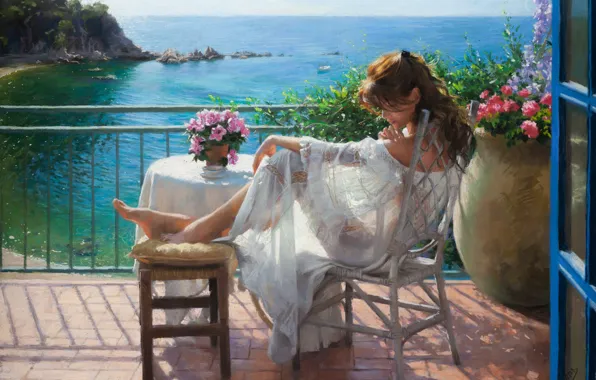 Picture girl, dress, sea, landscape, art, flowers, barefoot, chair