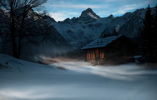 Picture house, twilight, Winter, trees, landscape, nature, mountains, snow