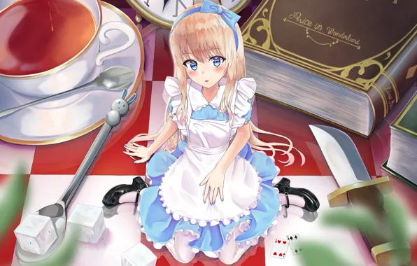 Watch, book, knife, Alice in Wonderland, Alice, blue dress, chess square, sitting on my lap