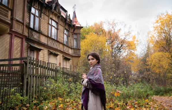 Autumn, look, girl, nature, pose, house, model, coat