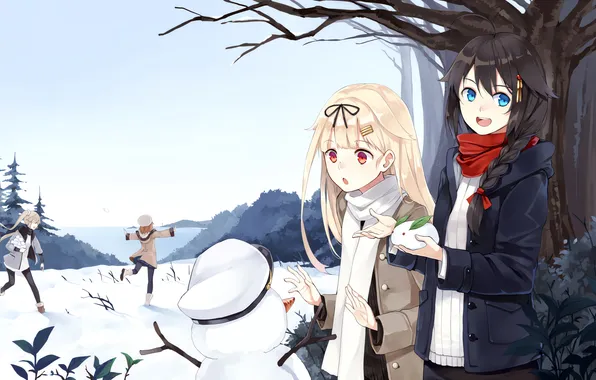 Long hair, trees, girls, nature, anime, blue eyes, beautiful, winter