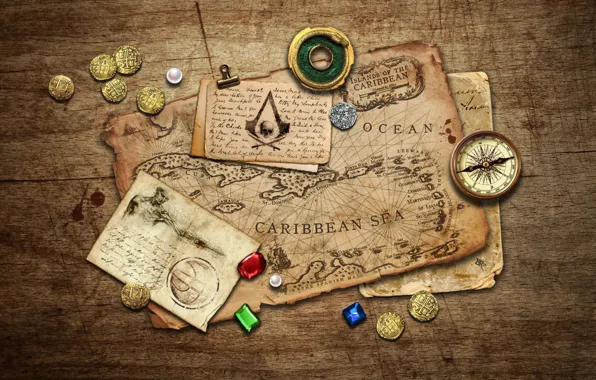 Stones, table, map, coins, records, compass, Black Flag, Assassin's Creed IV