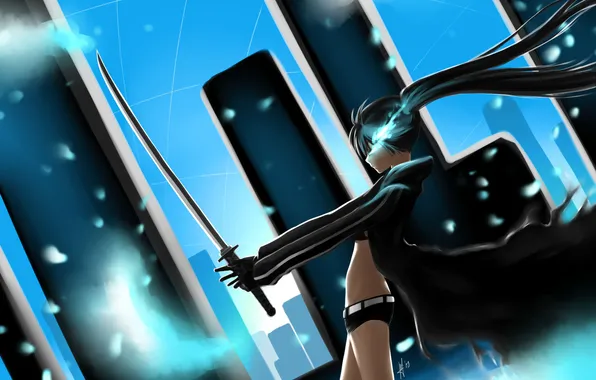 Picture girl, the city, weapons, home, katana, anime, art, black rock shooter