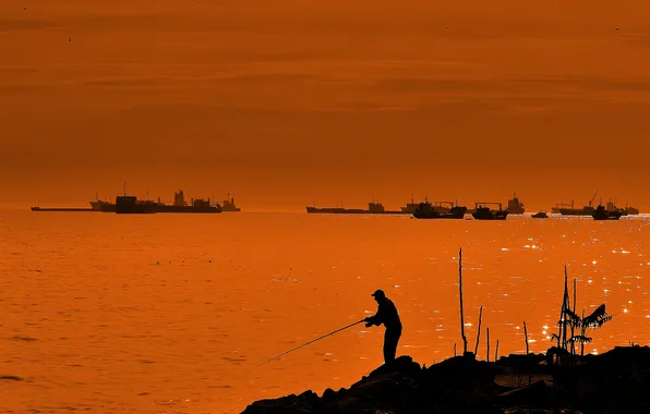 Strait, shore, ship, fisherman, the evening, silhouette, glow, Turkey