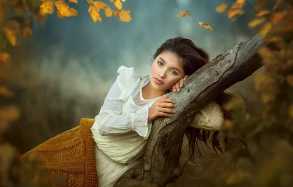 Picture autumn, look, branches, pose, tree, mood, girl