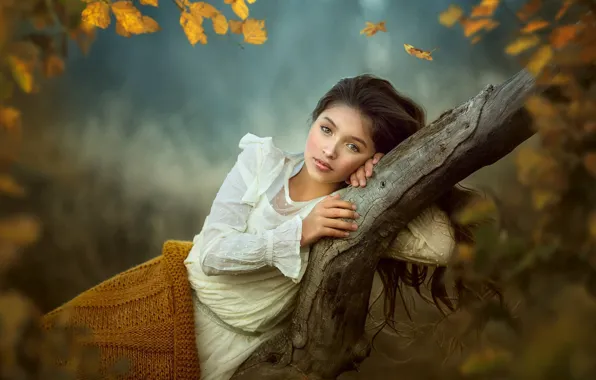 Autumn, look, trees, branches, pose, mood, girl