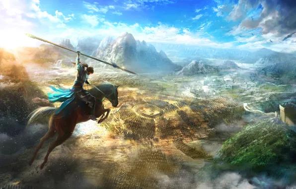 Mountains, Horse, The game, Jump, Clouds, Warrior, Game, Spear
