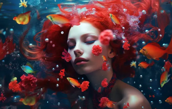 Girl, flowers, face, image, digital art, AI art, neural network, the art of artificial intelligence