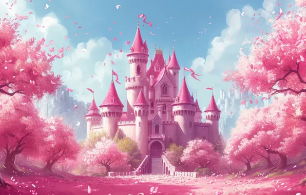 Clouds, fog, castle, pink, heaven, fantasy, haze, AI art