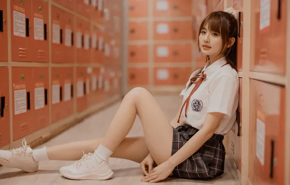 Picture school uniform, legs, ponytail, model, women, brunette, skirt, depth of field