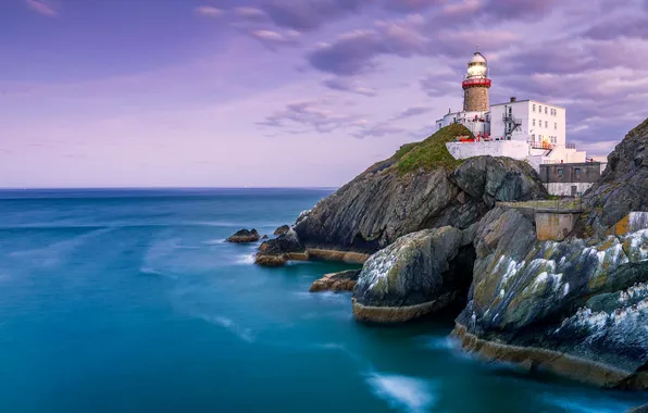Sea, the sky, stones, rocks, shore, lighthouse, horizon, Baily Lighthouse