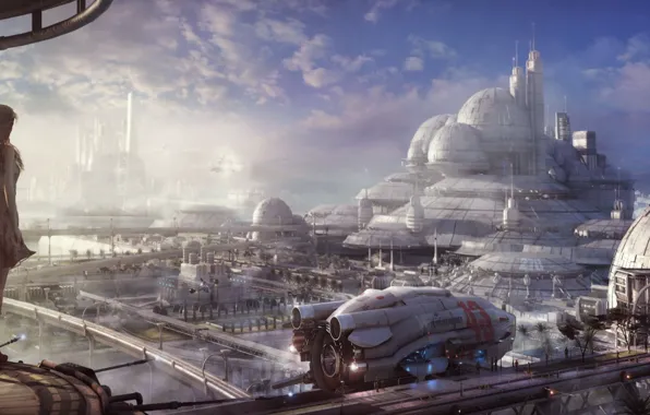 The sky, girl, clouds, future, planet, Shuttle, spaceport