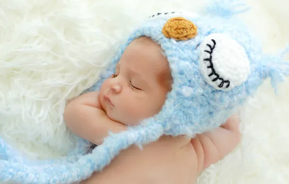 Picture owl, child, baby, sleeping, cap, baby, blue