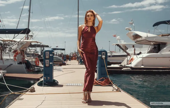 Picture girl, pose, style, model, yachts, pier, figure, dress